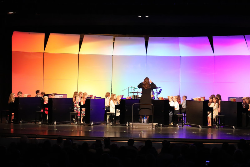 Group of DVMTA piano students onstage performing in a duet ensemble