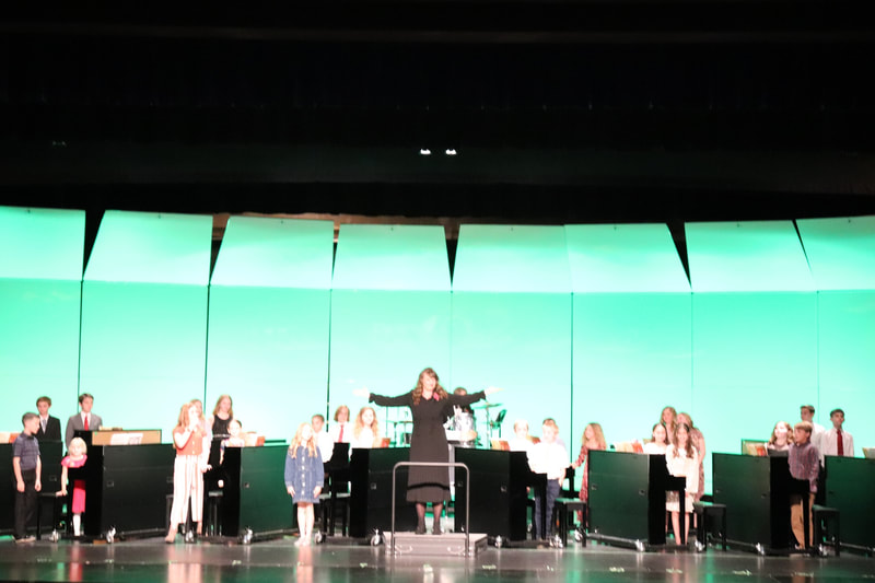 Group of DVMTA piano students onstage performing in a duet ensemble
