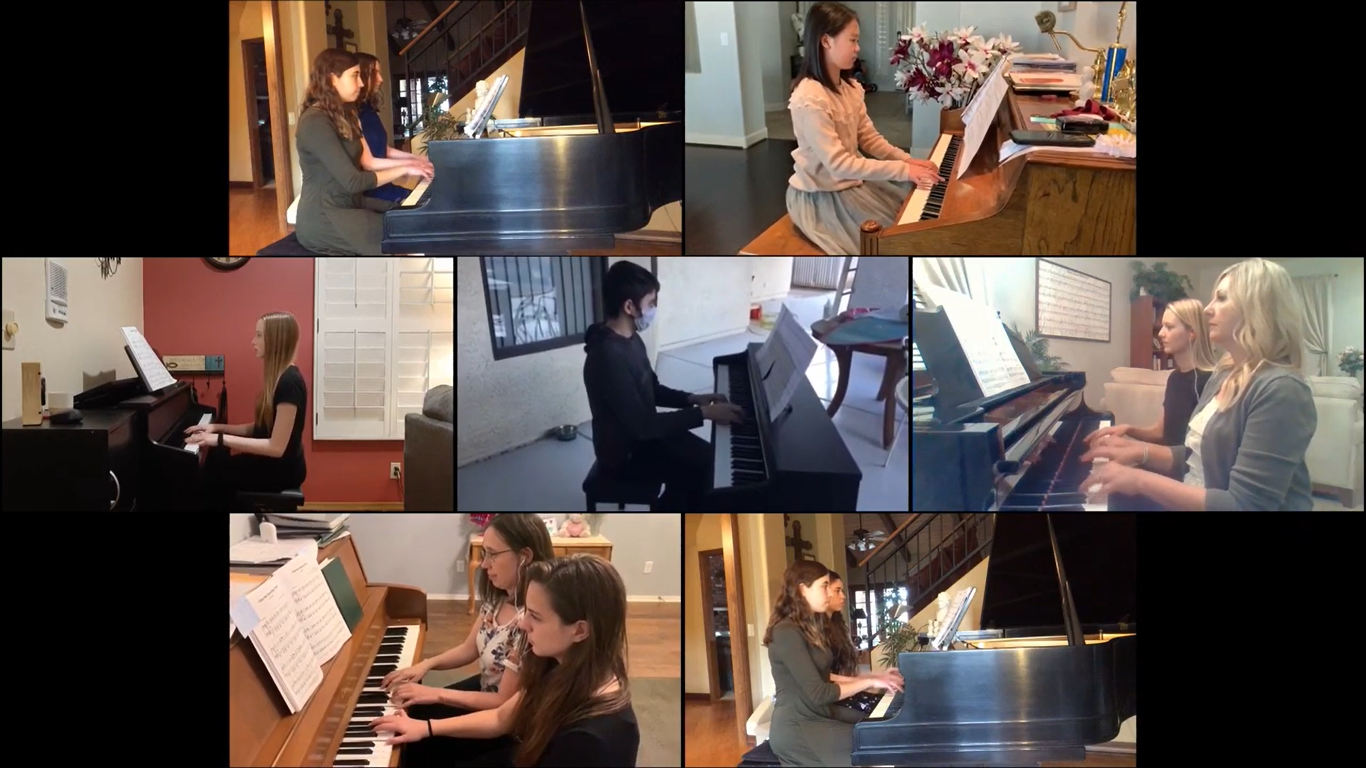 students performing piano
